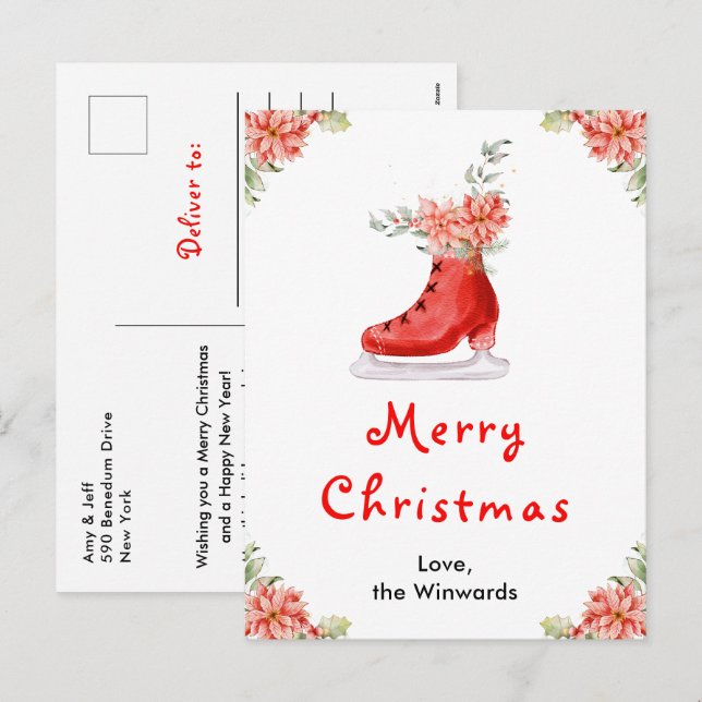 Cartes Pour Fêtes Annuelles Patinage floral sur glace Rouge Joyeux Noël (Devant / Derrière)