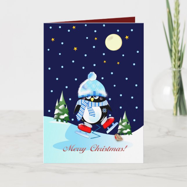 Cartes Pour Fêtes Annuelles Patinage pingouin avec texte de Noël personnalisé (Devant)