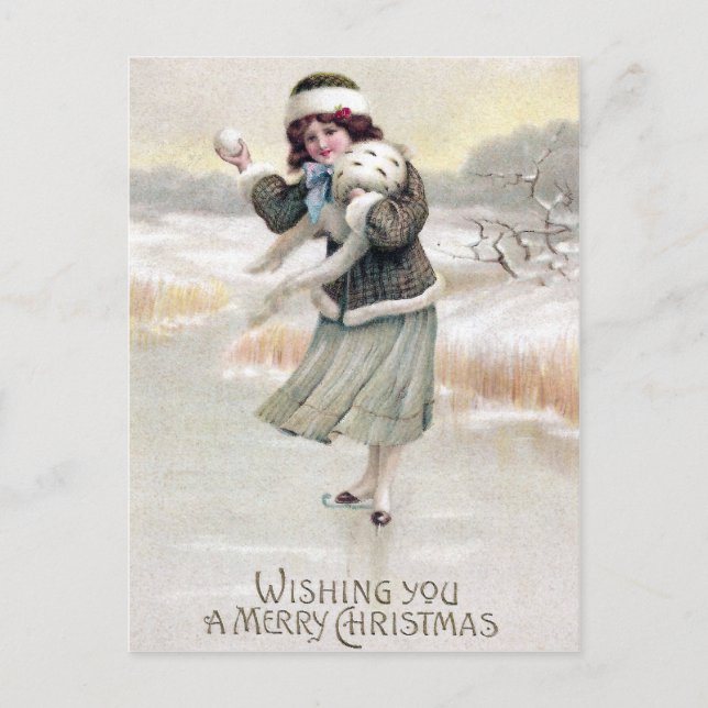 Cartes Pour Fêtes Annuelles Patinage sur glace à l'ancienne Noël (Devant)