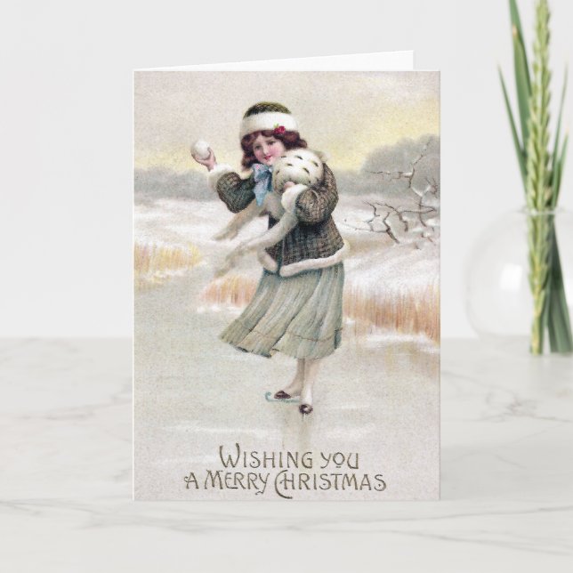 Cartes Pour Fêtes Annuelles Patinage sur glace à l'ancienne Noël (Devant)