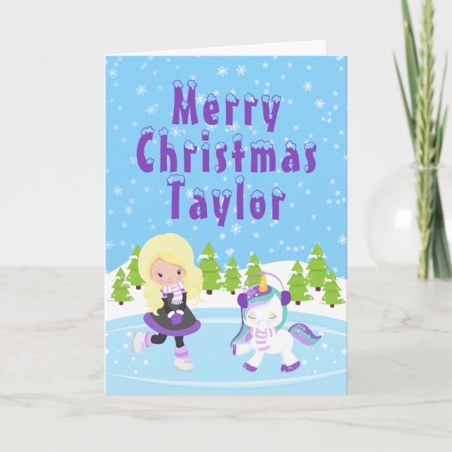 Cartes Pour Fêtes Annuelles Patinage sur glace Blonde cheveux fille Joyeux Noë (Devant)