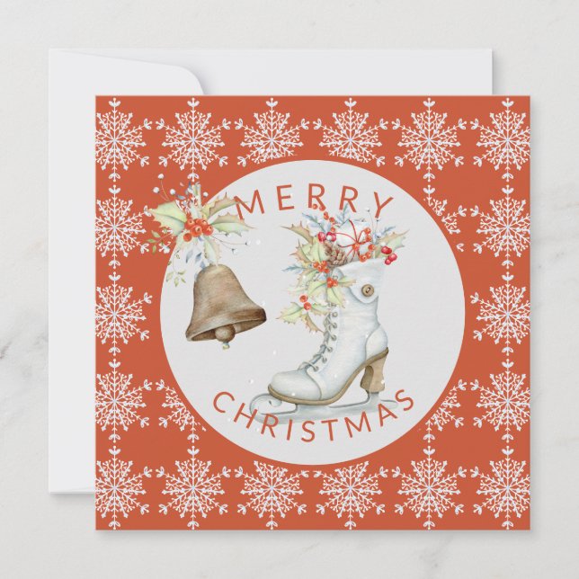 Cartes Pour Fêtes Annuelles Patinage sur glace Gray rouge Joyeux Noël (Devant)