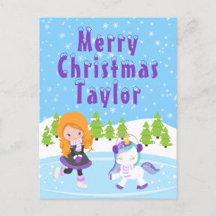 Cartes Pour Fêtes Annuelles Patinage sur glace Red Hair Girl Joyeux Noël