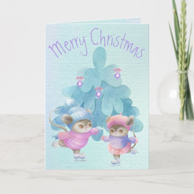 Cartes Pour Fêtes Annuelles Patinage sur souris bleu Aquarelle moderne peintur (Devant)
