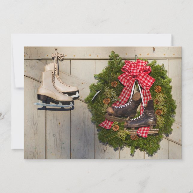 Cartes Pour Fêtes Annuelles Patins à glace avec couronne de Noël (Devant)