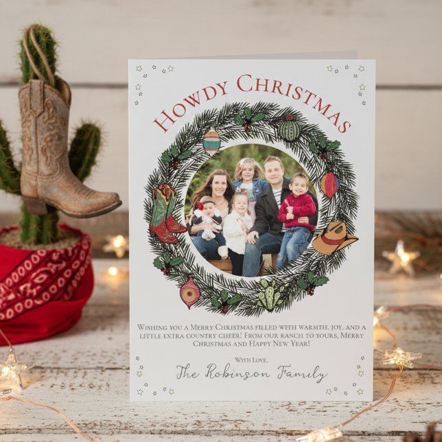 Cartes Pour Fêtes Annuelles Pays Joyeux Noël Famille Noël Noël (Western Christmas Card. Pine Wreath, Vintage Ornaments, Family Photo, Stars. Hand Drawn Illustration)
