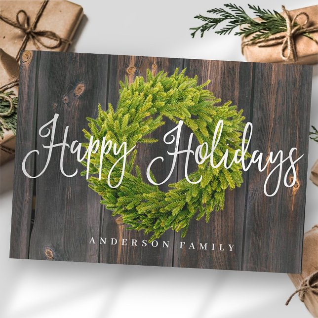 Cartes Pour Fêtes Annuelles Pays Rustic Wood Wreath Happy Holidays Greeting (Créateur téléchargé)