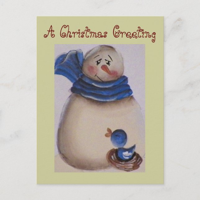 Cartes Pour Fêtes Annuelles Pays Snowman primitif avec Oiseau bleu (Devant)