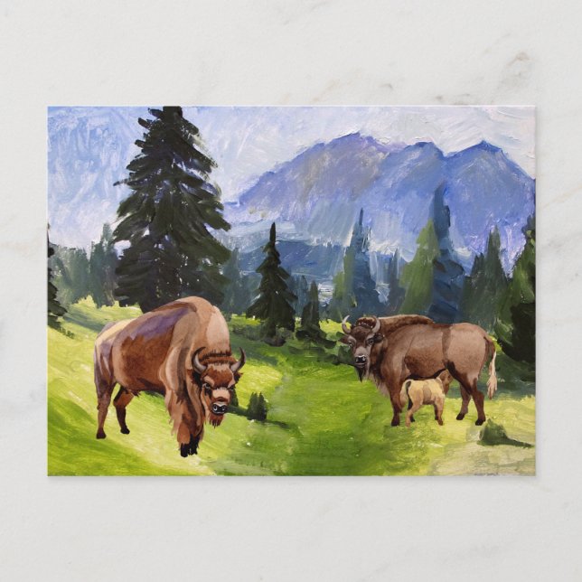 Cartes Pour Fêtes Annuelles Paysage de l'aquarelle de Bison Buffalo (Devant)