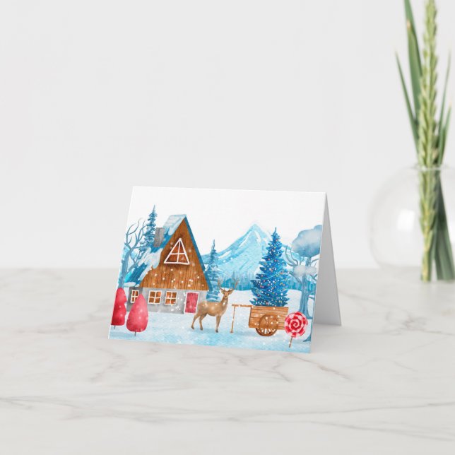 Cartes Pour Fêtes Annuelles Paysage d'hiver avec un cerf (Devant)