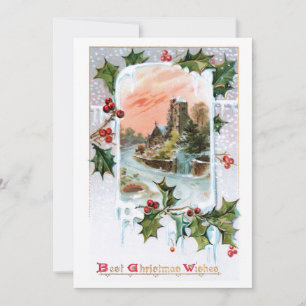 Cartes Pour Fêtes Annuelles Paysage hivernal rustique Vintage avec Holly