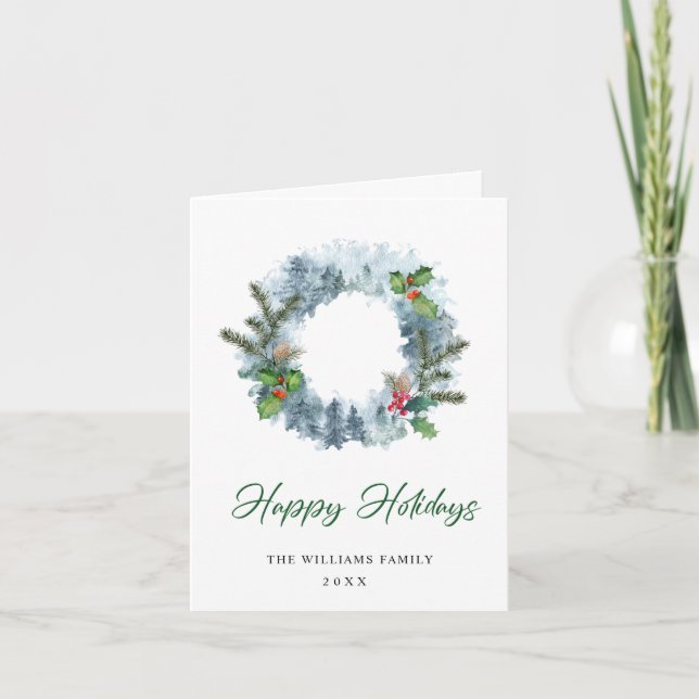 Cartes Pour Fêtes Annuelles Paysage Wreath Holiday Noël Berry Salutation (Devant)