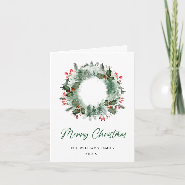 Cartes Pour Fêtes Annuelles Paysage Wreath Holly Berry Pine Forest Noël (Devant)