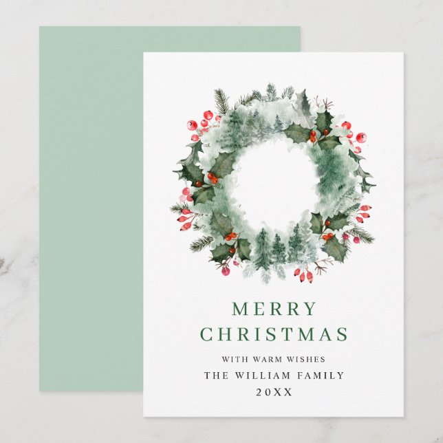 Cartes Pour Fêtes Annuelles Paysage Wreath Holly Berry Pine Forest Noël (Devant / Derrière)