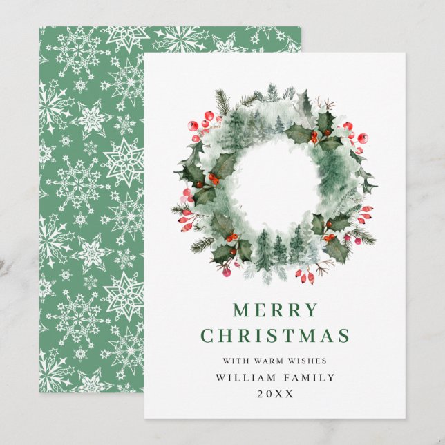 Cartes Pour Fêtes Annuelles Paysage Wreath Holly Berry Pine Forest Noël (Devant / Derrière)