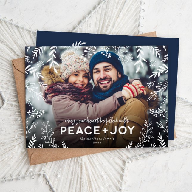 Cartes Pour Fêtes Annuelles Peace and Joy Botanical Overlay Photo (Créateur téléchargé)