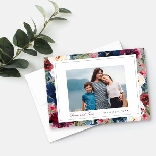Cartes Pour Fêtes Annuelles Peace and Love Burgundy et Navy Floral Photo