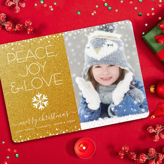 Cartes Pour Fêtes Annuelles Peace Jove Love Photo Bold Snowflake Gold Christma (Créateur téléchargé)