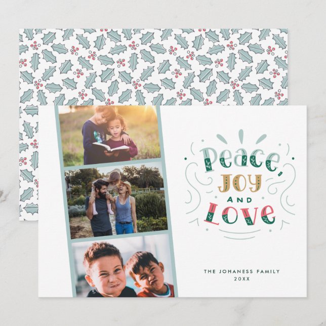 Cartes Pour Fêtes Annuelles Peace Jove Love Trois Photo Famille Noël (Devant / Derrière)