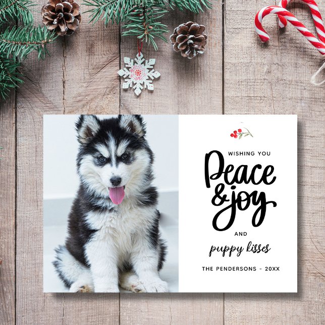 Cartes Pour Fêtes Annuelles Peace, Joy & Puppy Kisses, 2 Photos Personnalisées (Créateur téléchargé)