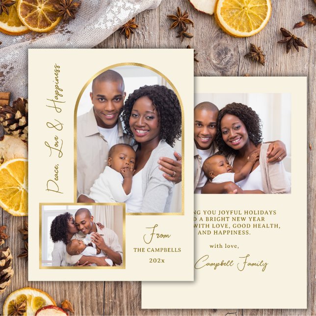 Cartes Pour Fêtes Annuelles Peace Love Hapiness Script Gold Arch 3 Photo  (Créateur téléchargé)