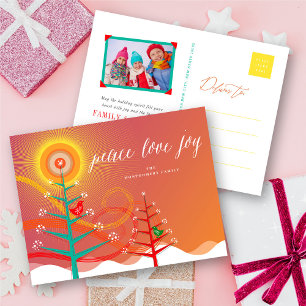 Cartes Pour Fêtes Annuelles Peace Love Joie Hiver Arbres Neige Et Oiseaux Mode