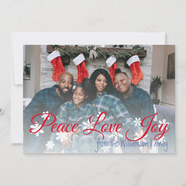 Cartes Pour Fêtes Annuelles Peace Love Joie Noël Votre photo Script rouge (Devant)