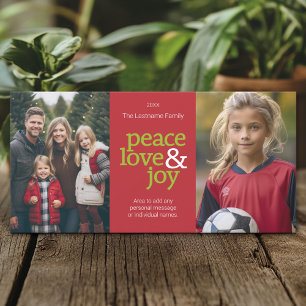 Cartes Pour Fêtes Annuelles Peace Love & Joy - 2 Photos Rouge et Vert