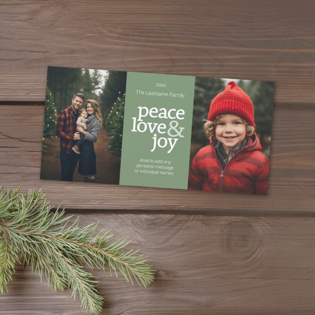 Cartes Pour Fêtes Annuelles Peace Love Joy - 2 Photos - vert pastel (Add 2 photos to this Christmas Card with a modern design. Download option available.)