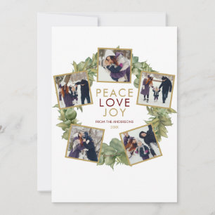 Cartes Pour Fêtes Annuelles Peace Love Joy 5 Photo Greenery Wreath Noël
