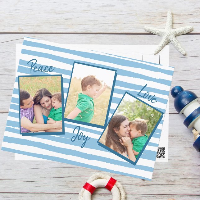 Cartes Pour Fêtes Annuelles Peace Love Joy | Aquarelle bleue 3 Photo Noël (Créateur téléchargé)