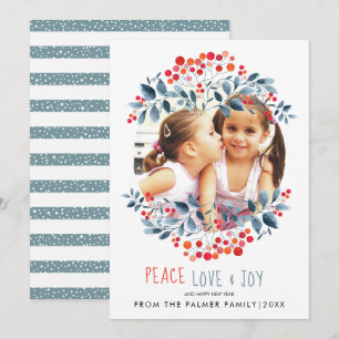 Cartes Pour Fêtes Annuelles Peace love Joy baies et photo de Noël feuille