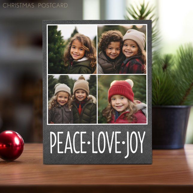 Cartes Pour Fêtes Annuelles Peace Love Joy Chalkboard 4 Photo Collage (Christmas Postcard with 4 photos)