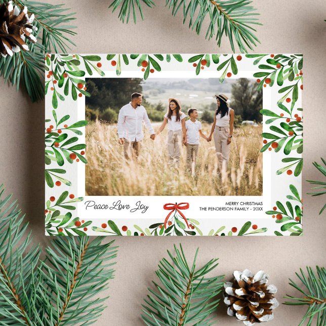Cartes Pour Fêtes Annuelles Peace Love Joy, Christmas Berries, Custom Photo  (Créateur téléchargé)