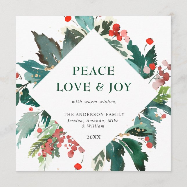 Cartes Pour Fêtes Annuelles Peace Love & Joy Fête festive de Noël (Devant)