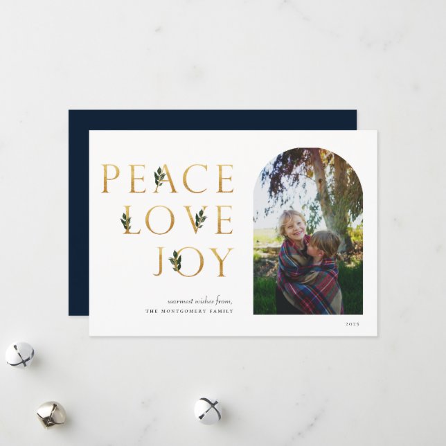 Cartes Pour Fêtes Annuelles Peace Love Joy Golden Photo (Devant/Arrière en situation)