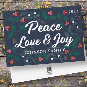 Cartes Pour Fêtes Annuelles Peace Love & Joy Modern Holly Berries Foliage