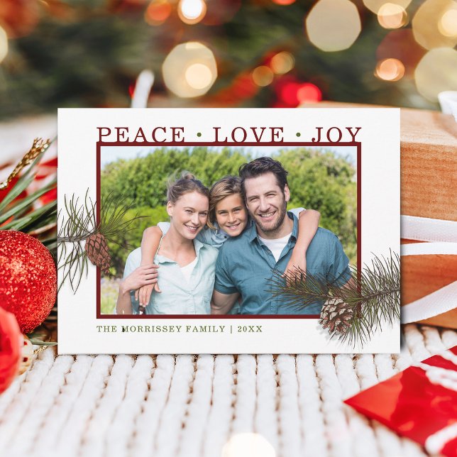 Cartes Pour Fêtes Annuelles Peace Love Joy Pine Cone Photo (Peace Love Joy Pine Cone Photo Holiday Card)