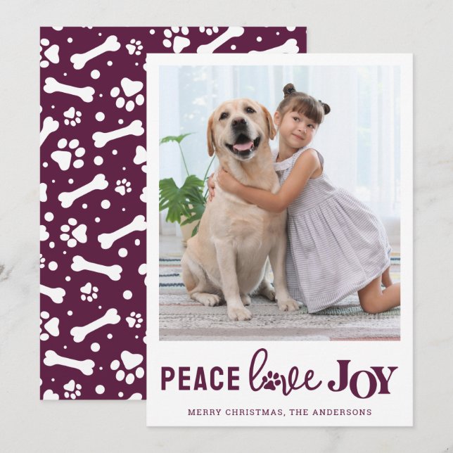 Cartes Pour Fêtes Annuelles PEACE LOVE JOY Plum Chien Personnalisé Photo pour  (Devant / Derrière)