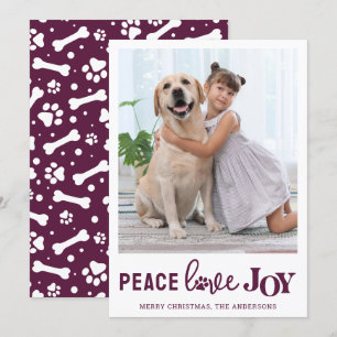 Cartes Pour Fêtes Annuelles PEACE LOVE JOY Plum Chien Personnalisé Photo pour