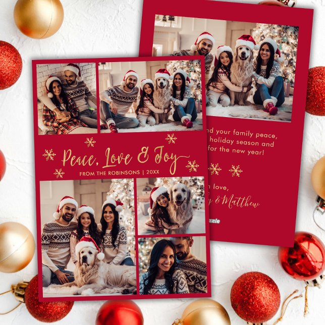 Cartes Pour Fêtes Annuelles Peace Love Joy Red Gold Photo Collage Noël (Créateur téléchargé)