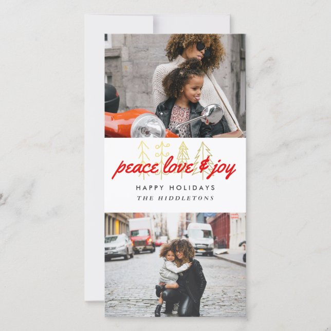 Cartes Pour Fêtes Annuelles Peace Love & Joy Red Script Deux photos (Devant)