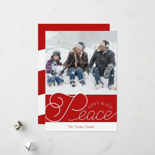 Cartes Pour Fêtes Annuelles Peace Love Joy Script Rouge Blanc 2 photos Noël