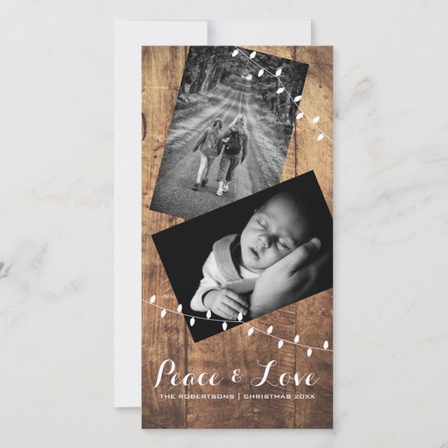 Cartes Pour Fêtes Annuelles Peace & Love Photo de Noël Lumières en bois (Devant)