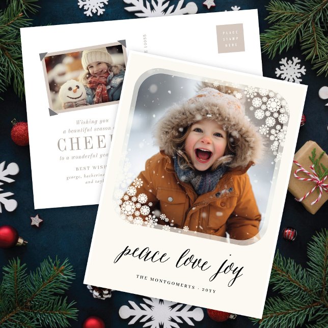 Cartes Pour Fêtes Annuelles Peace Loy Joy Elegant Snowflakes Frame Chic Photo (Créateur téléchargé)