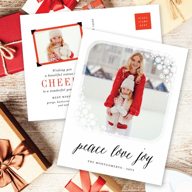 Cartes Pour Fêtes Annuelles Peace Loy Joy Elegant Snowflakes Frame Chic Photo (Créateur téléchargé)