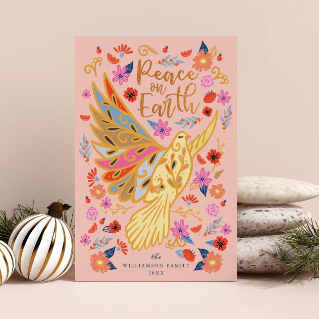 Cartes Pour Fêtes Annuelles Peace on Earth Dove Floral Folal Art Blush Pink (Peace on Earth Dove Floral Folk Art Blush Pink Holiday Card)