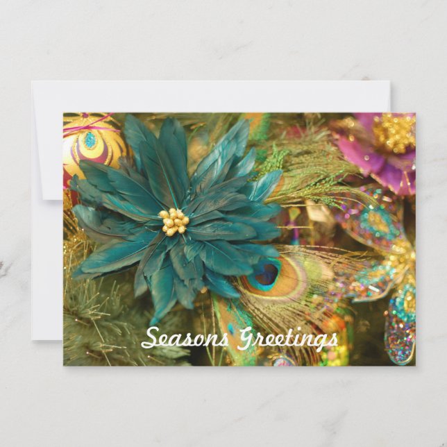 Cartes Pour Fêtes Annuelles Peacock Feather Poinsettia Flat Christmas Card (Devant)