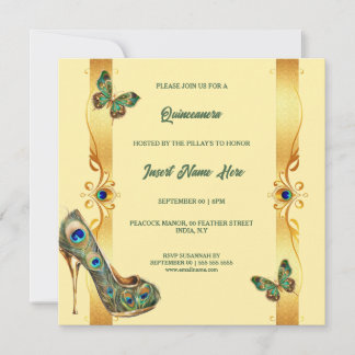 Cartes Pour Fêtes Annuelles Peacock Quinceañera gold green glam feathers