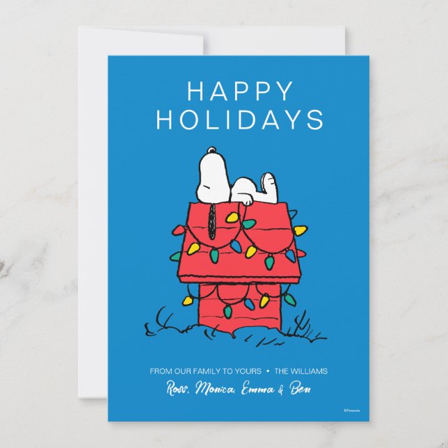Cartes Pour Fêtes Annuelles Peanuts | La maison de Snoopy avec lumières (Devant)